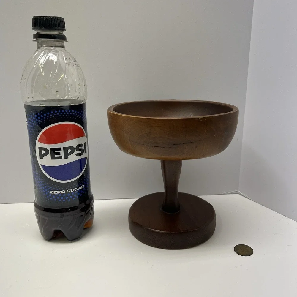 Vtg Handmade Turned Wood Pedestal Bowl Centerpiece Decor Felt Bottom 5.25x5